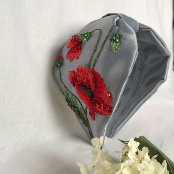 Poppy Flower Embroidery beaded Red Gray headband Hair Bangle Band Hoop Wreath main image 4